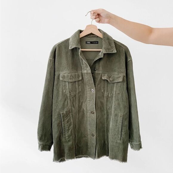 Zara Tops - Zara Frayed Green Corduroy Jacket Size Large